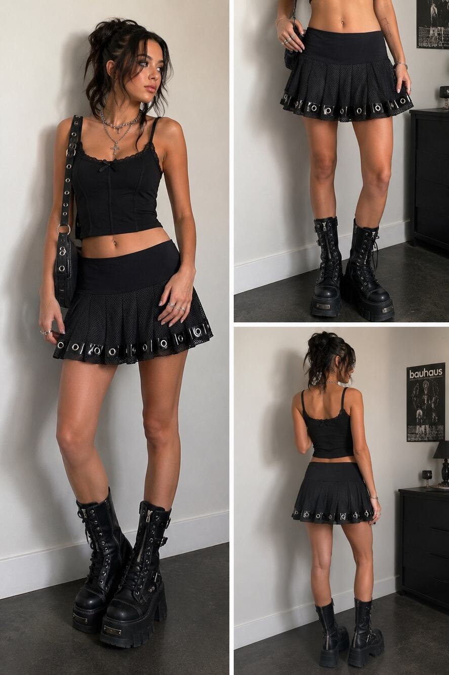 Tripp NYC Black Mesh Mini Skirt XL Gothic Punk Y2K Pleated Skater Grommet Trim